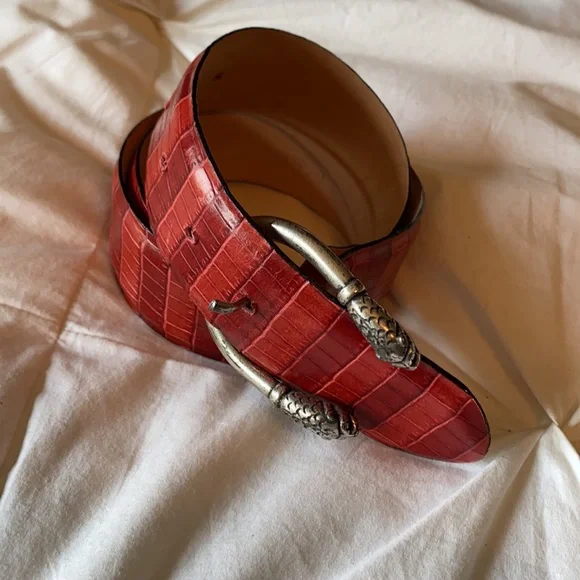 BERGÉ GENUINE RED LEATHER LION HEAD BUCKEL BELT Automatic Oval Silver Gold Buckle Mustard Leather Designer  main image 4